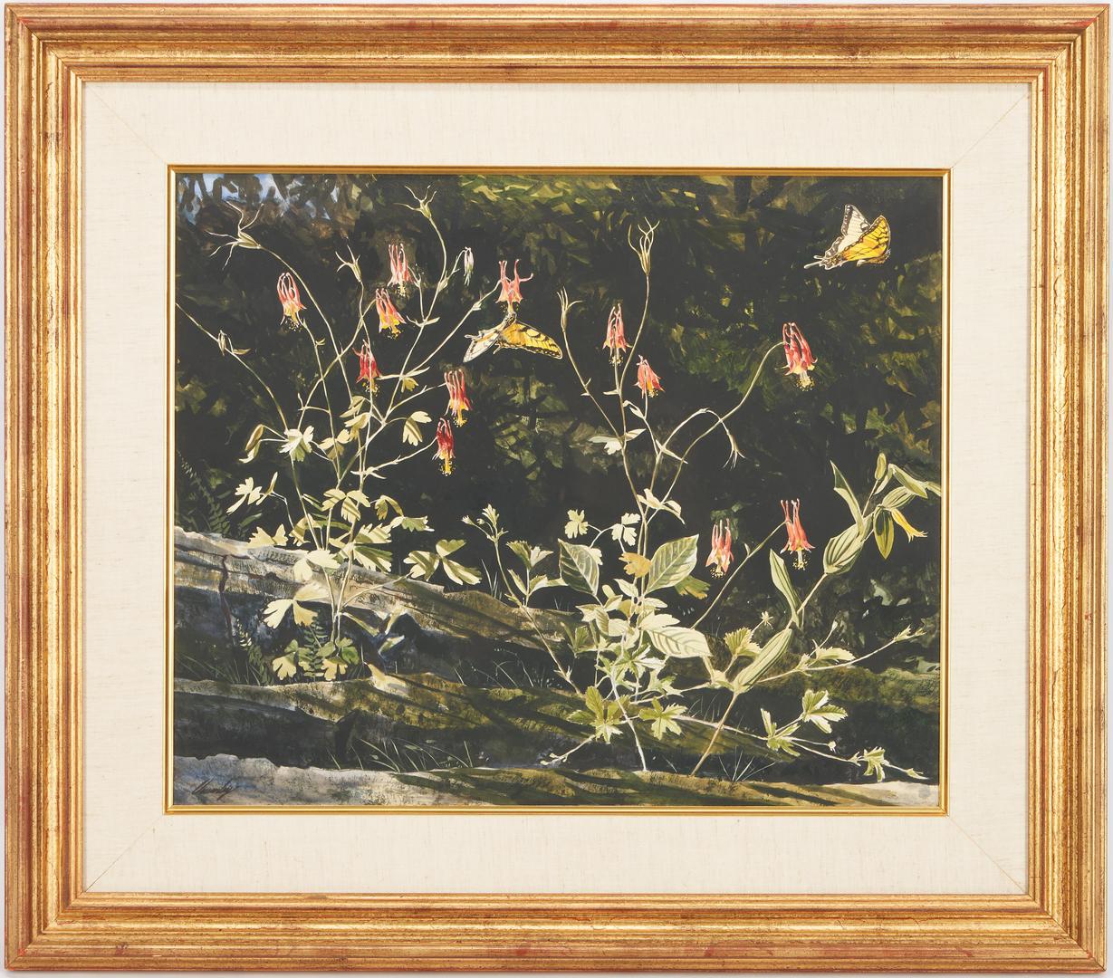 Lot 860: John Chumley Painting, Columbine & Butterflies, Exhibited