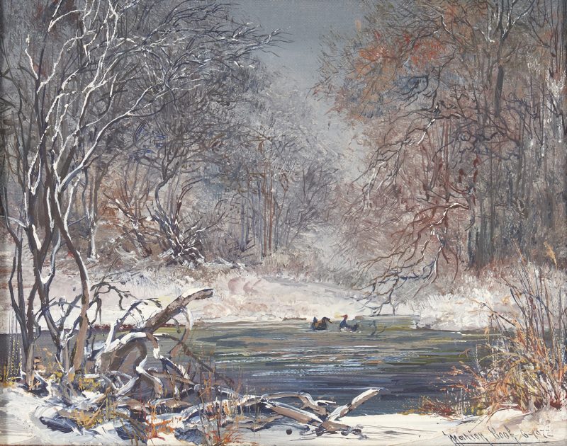 Lot 864: Marion Cook O/C Painting, Winter Pond with Ducks