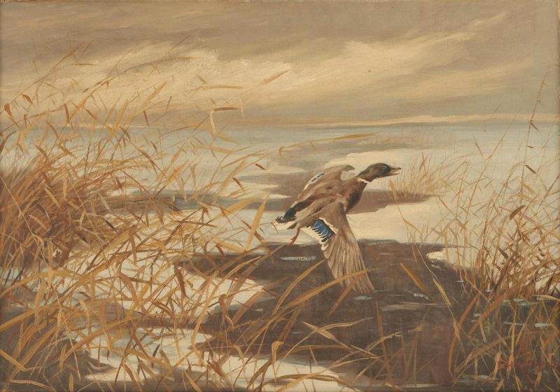 Lot 916: Oil on Canvas Marsh Landscape Painting with Duck, Danish School