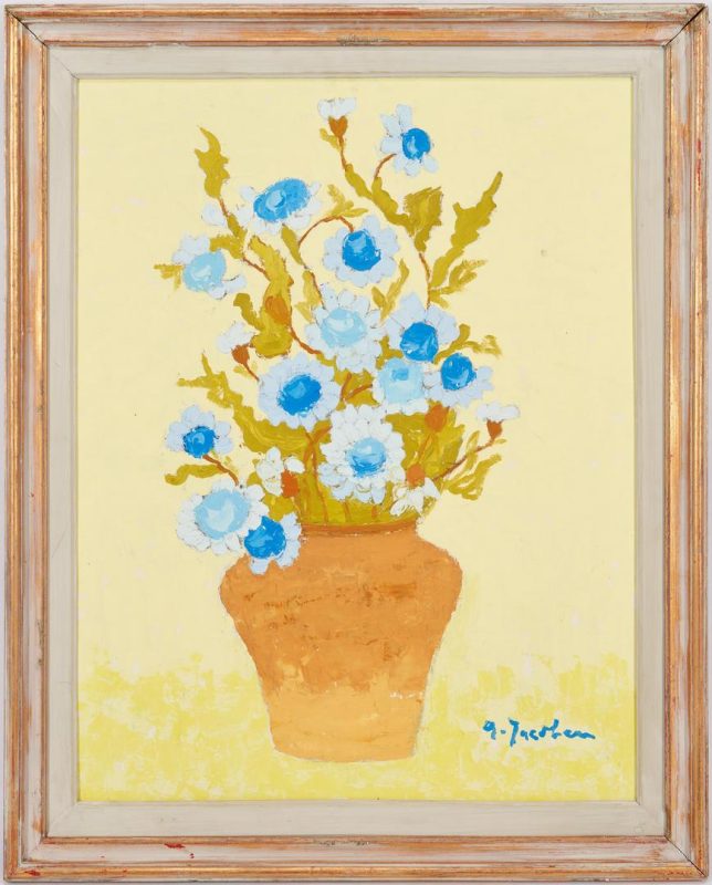 Lot 923: Aurel Jacobescu, O/B Still Life of Vase with Blue Flowers