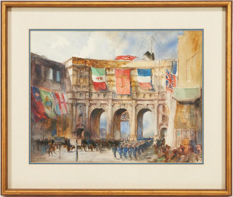Lot 928: Watercolor Painting of a Military Parade, signed Monk