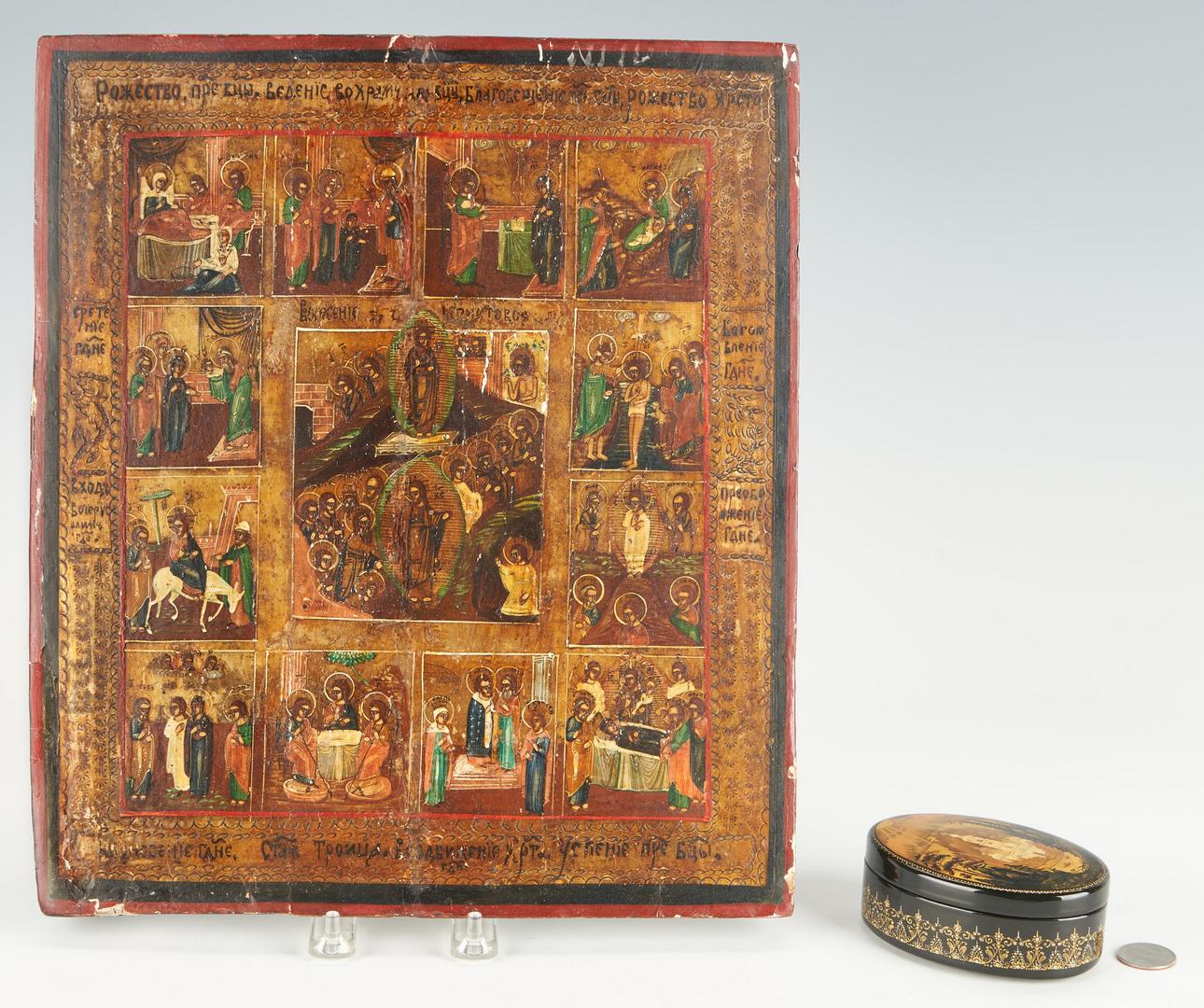Lot 930: Russian Lacquer Box and Religious Icon, 2 items