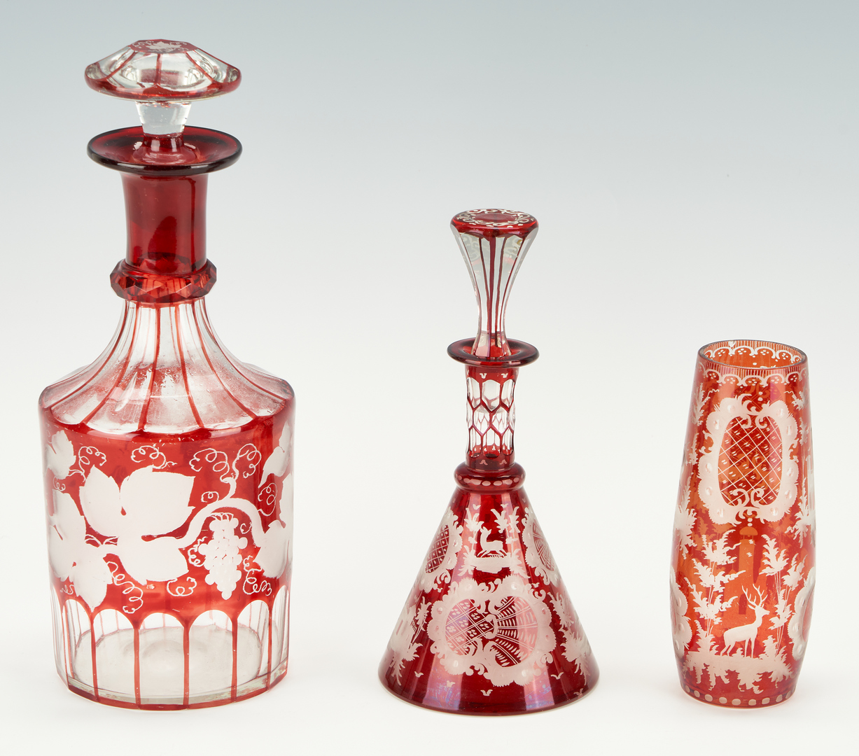 Lot 934: Seven (7) Bohemian Glass decanters and bowls incl. Cranberry, Cobalt