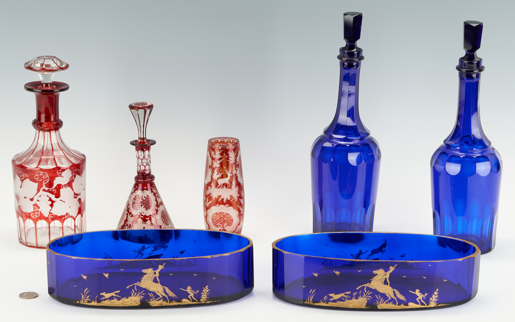 Lot 934: Seven (7) Bohemian Glass decanters and bowls incl. Cranberry, Cobalt