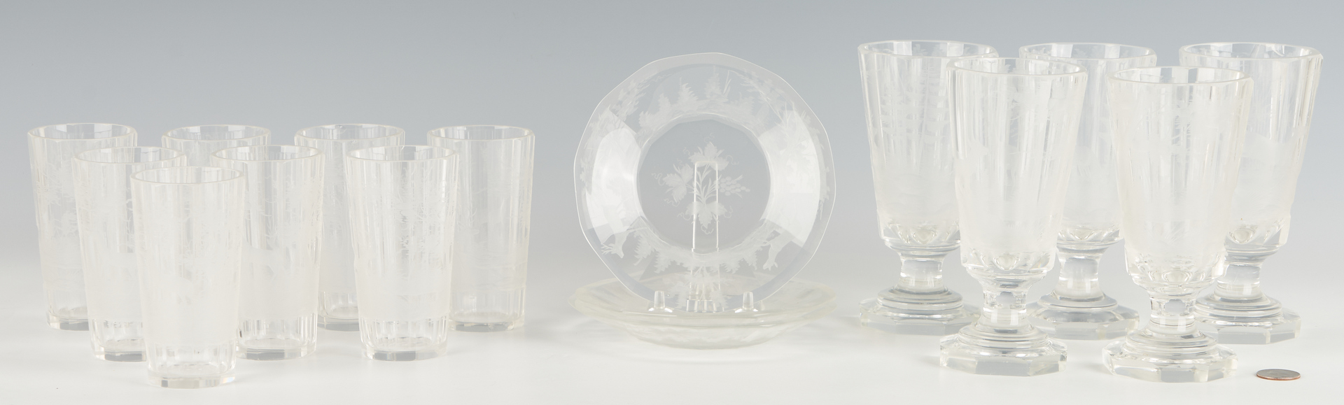 Lot 935: 58 pcs. Bohemian Stag Theme Etched Crystal Dinnerware