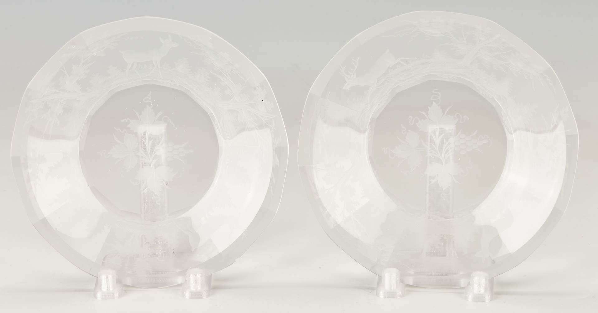 Lot 935: 58 pcs. Bohemian Stag Theme Etched Crystal Dinnerware