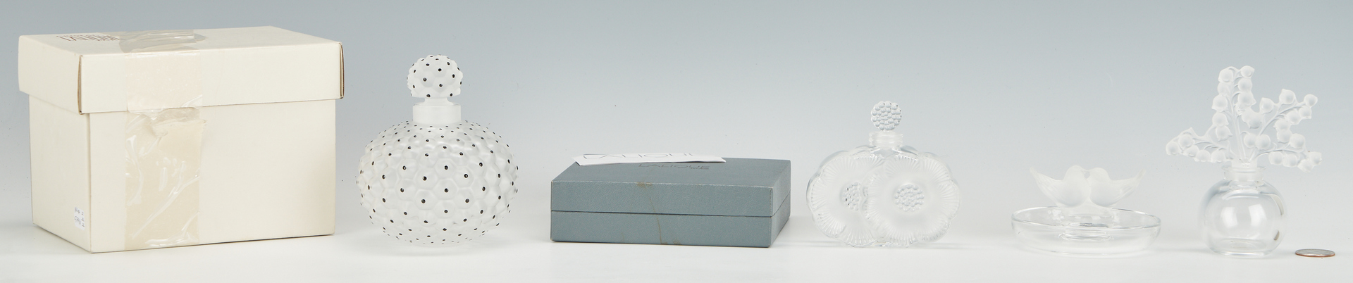 Lot 939: 4 Lalique Glass Items: Perfume Bottles & Ring Holder