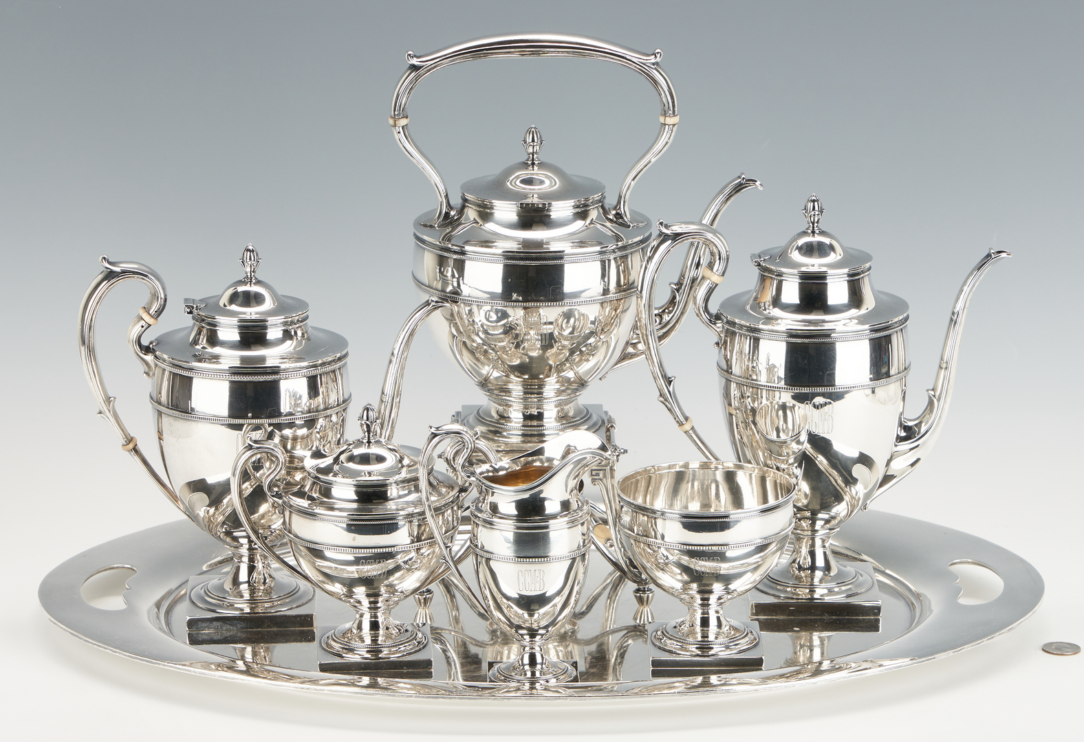 Lot 94: Gorham Sterling Silver Tea Set & Tray, 7 pcs
