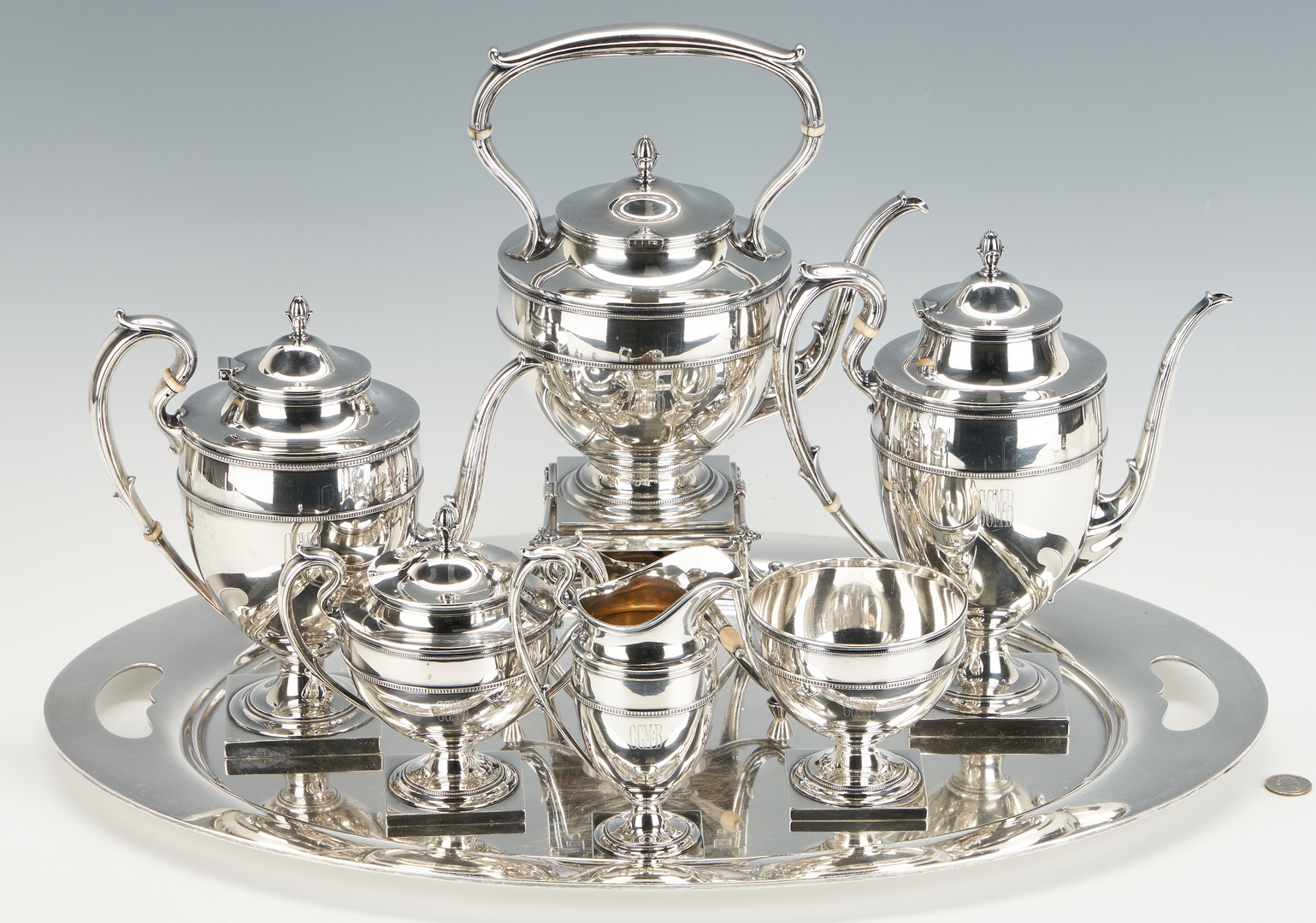 Lot 94: Gorham Sterling Silver Tea Set & Tray, 7 pcs