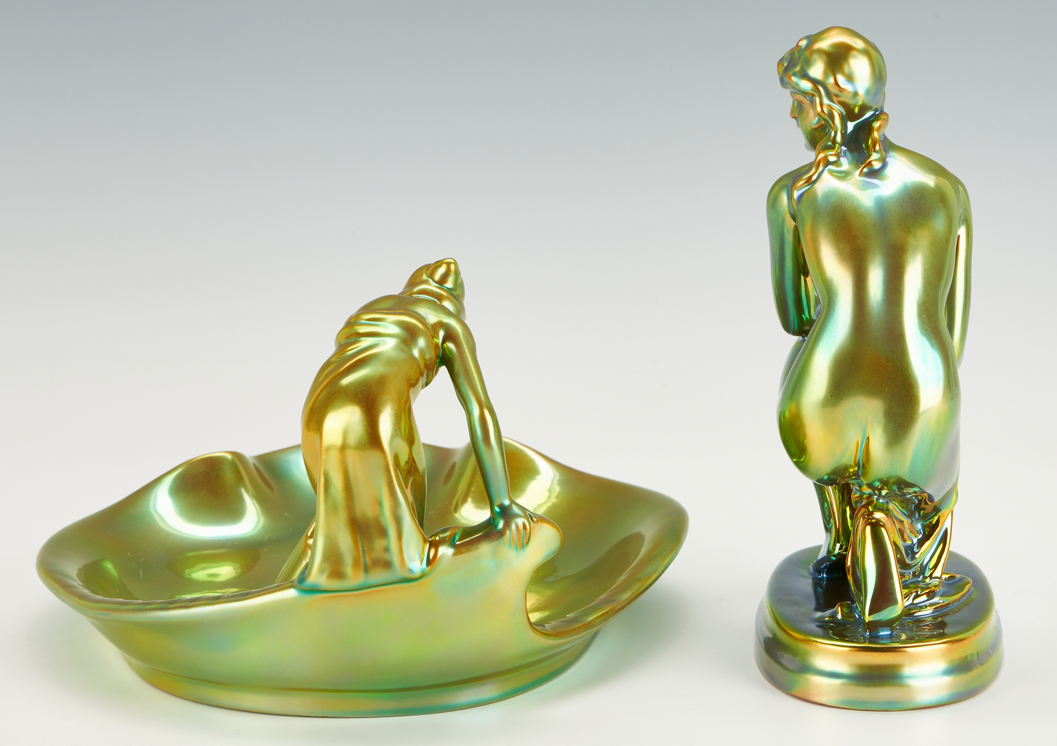 Lot 953: Two (2) Zsolnay Iridescent Green Eosin Figural Ceramic Items