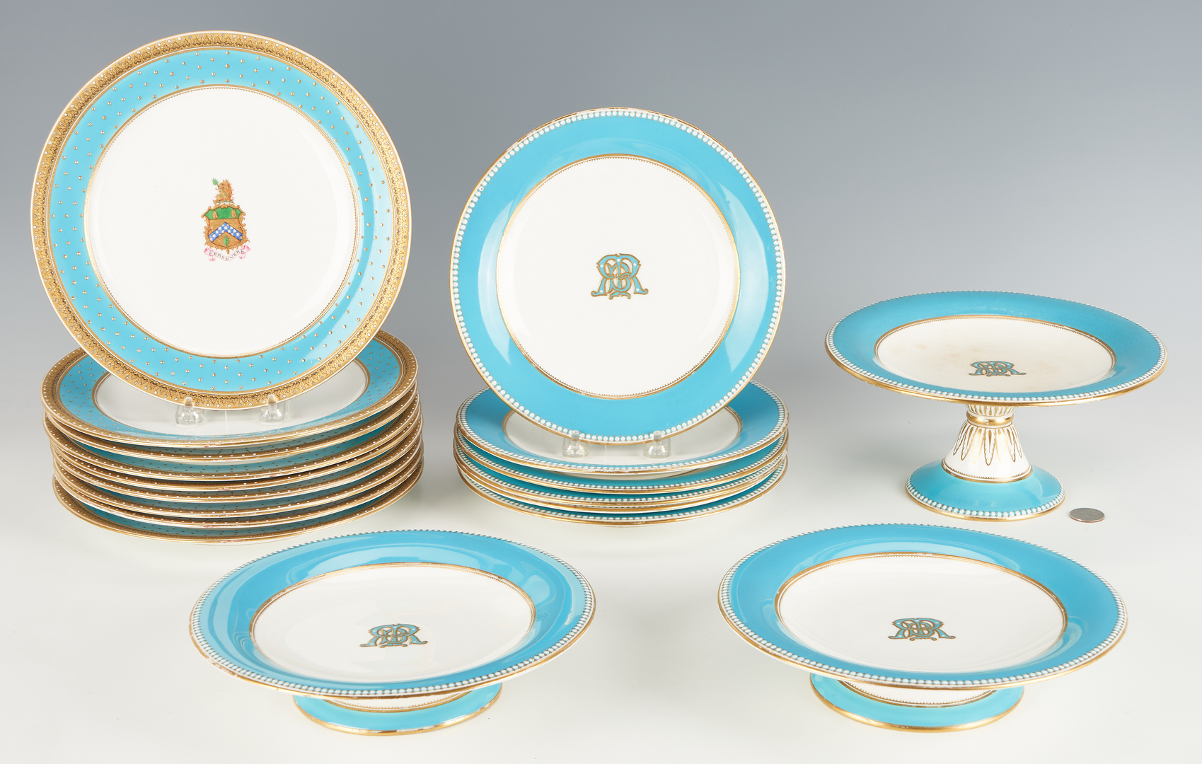 Lot 960: 19 Porcelain Table Items, incl. Royal Worcester Armorial Plates, Jasperware Box