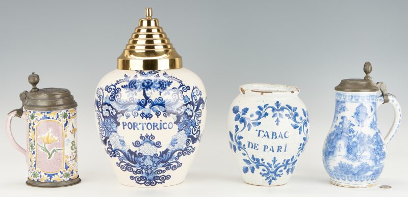 Lot 969: Four (4) Delft Items: Tankards & Tobacco Jars