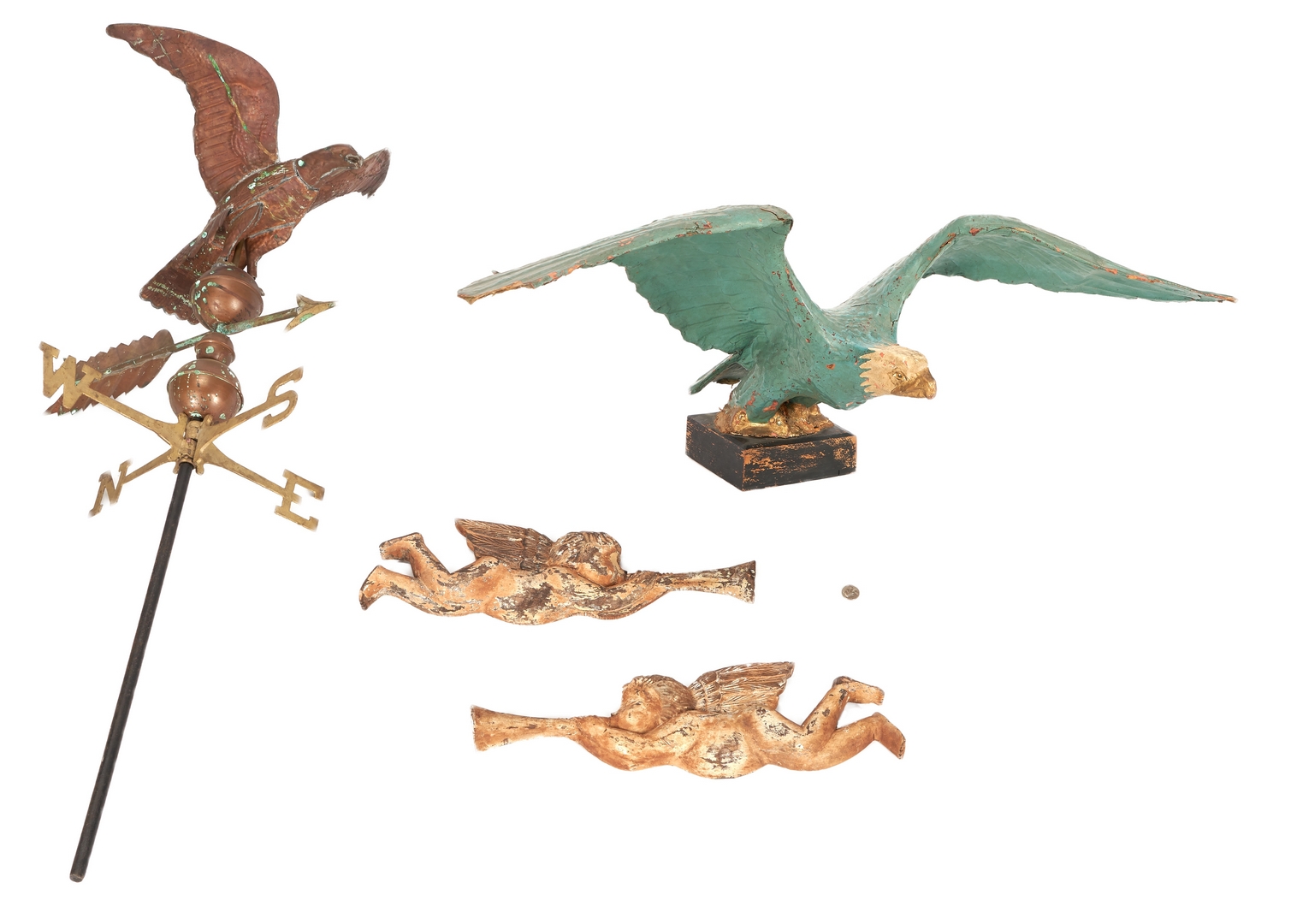 Lot 986: American Copper Eagle Weathervane & 3 Painted Wood Carvings