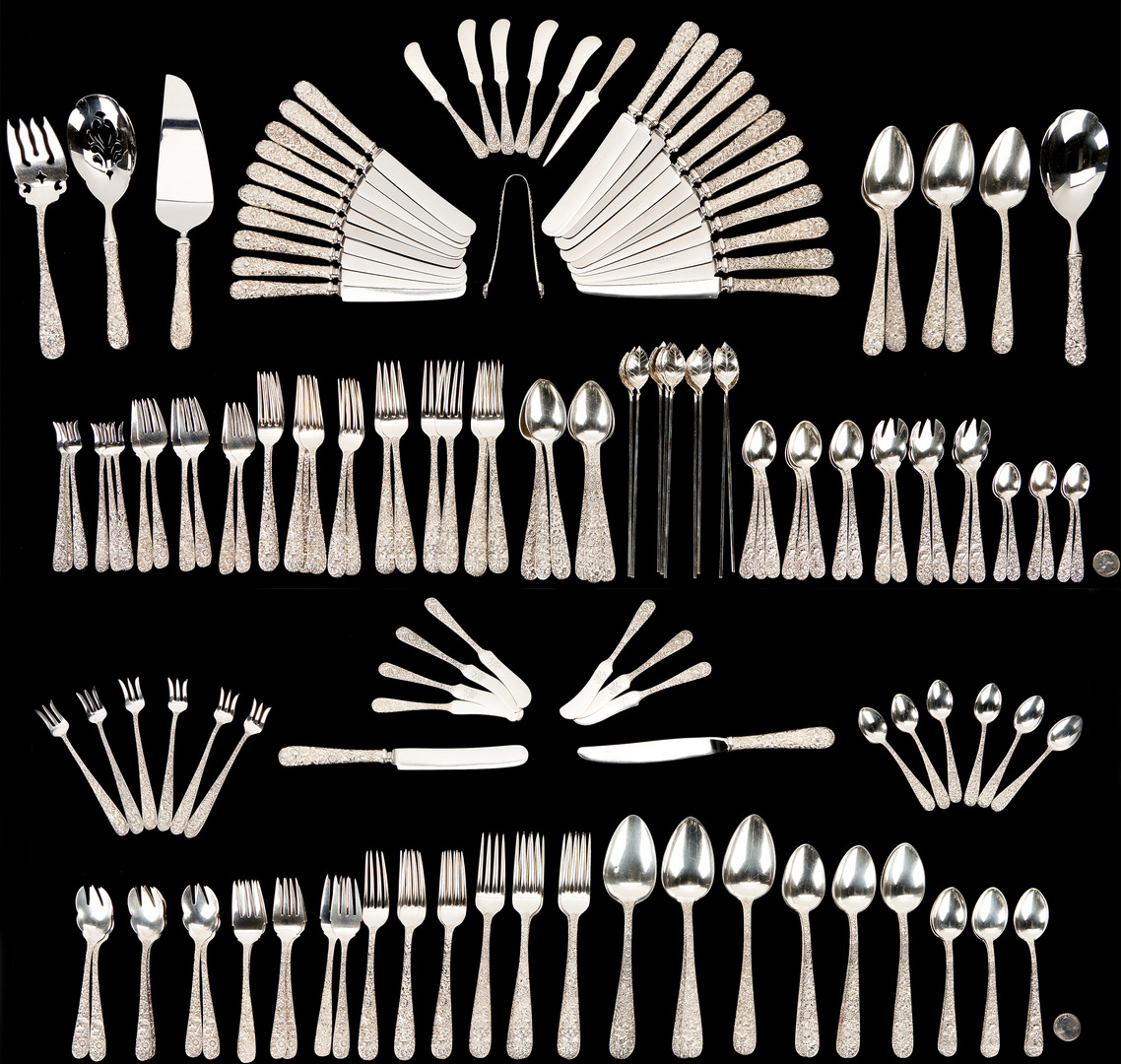 Lot 98: 159 Pcs. Assorted Sterling Silver Flatware, Kirk Repousse & Tiffany