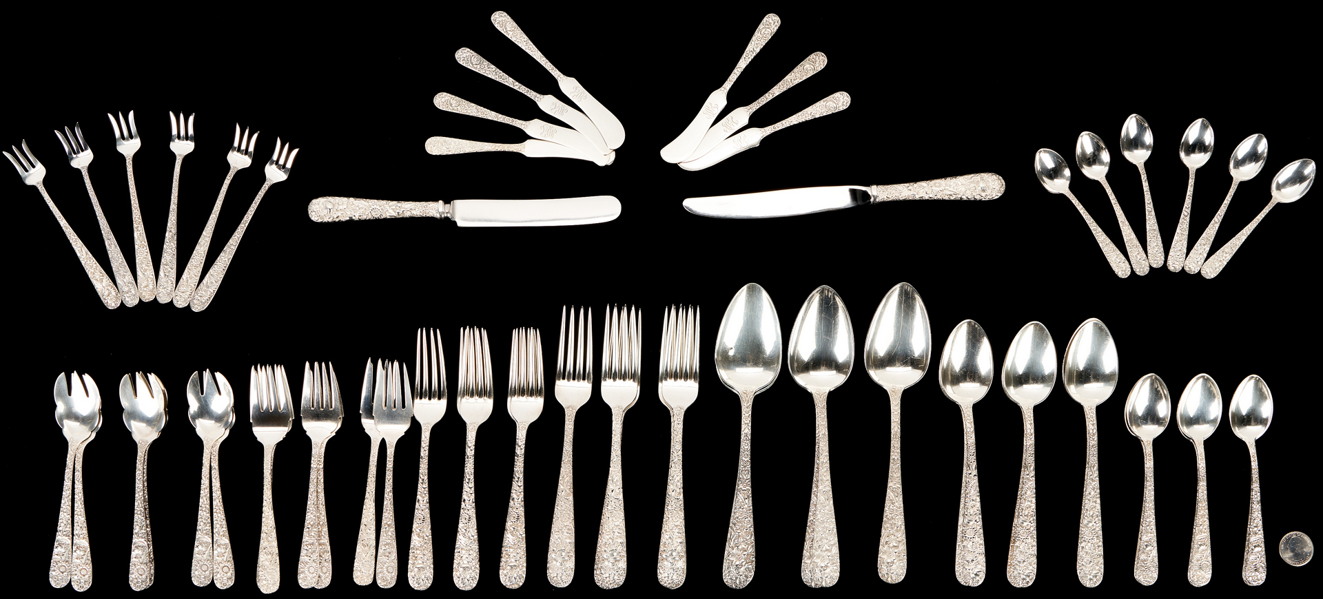 Lot 98: 159 Pcs. Assorted Sterling Silver Flatware, Kirk Repousse & Tiffany