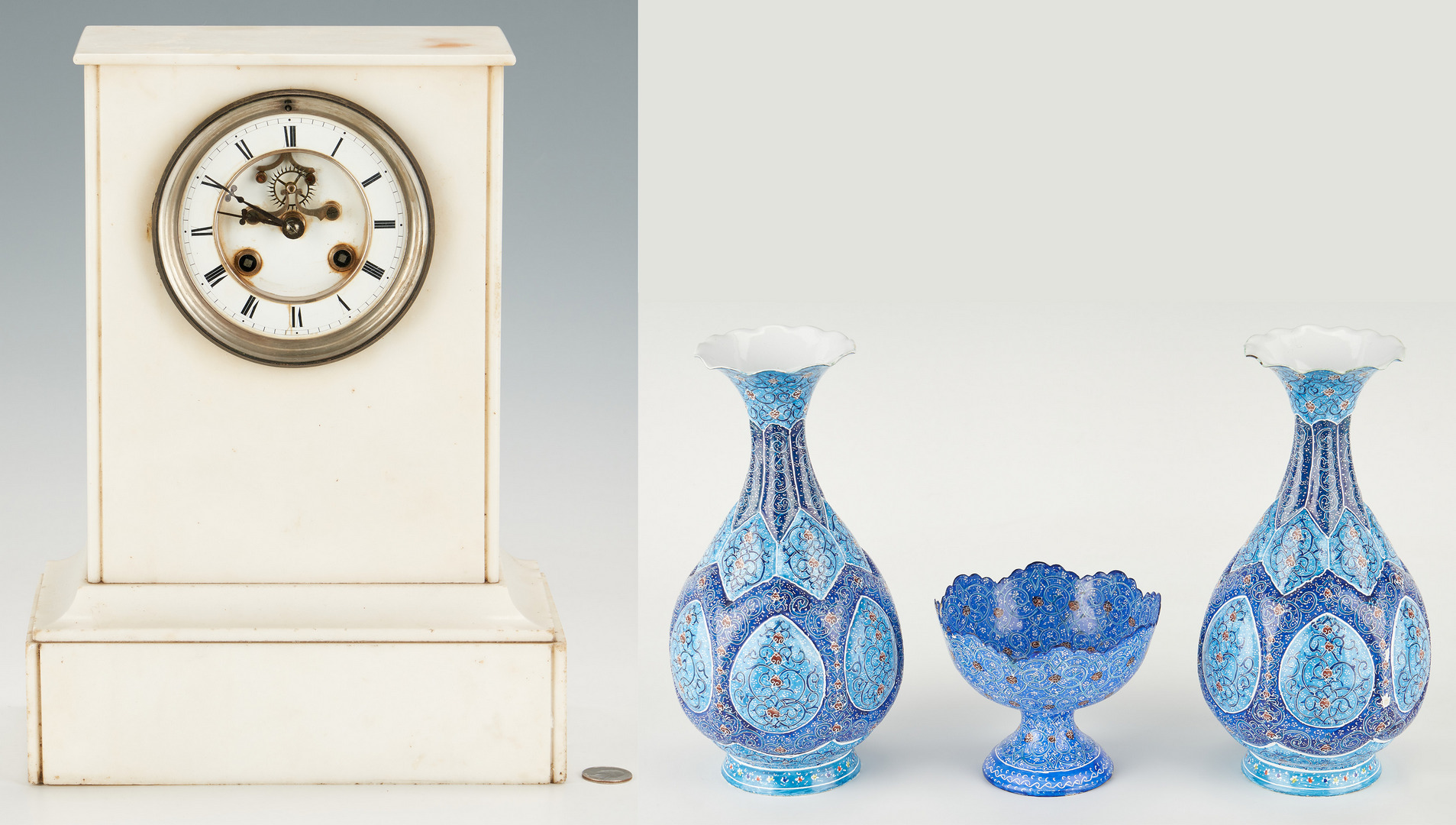 Lot 998: French Japy Freres Mantle Clock + Moorish Enamel Vessels, 4 items