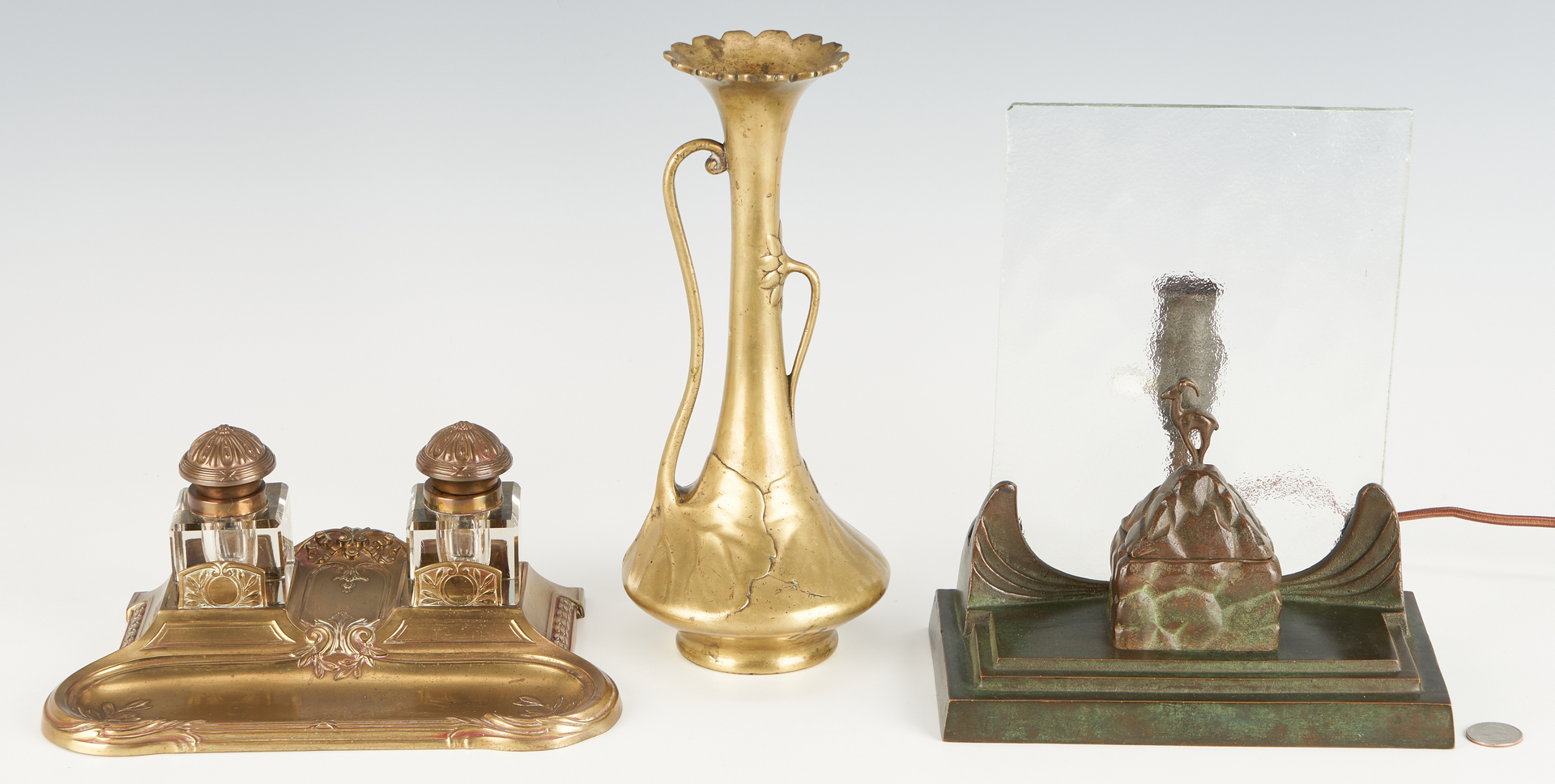 Lot 999: Art Deco Bronze Lamp and Inkwells plus Vase (3 items)