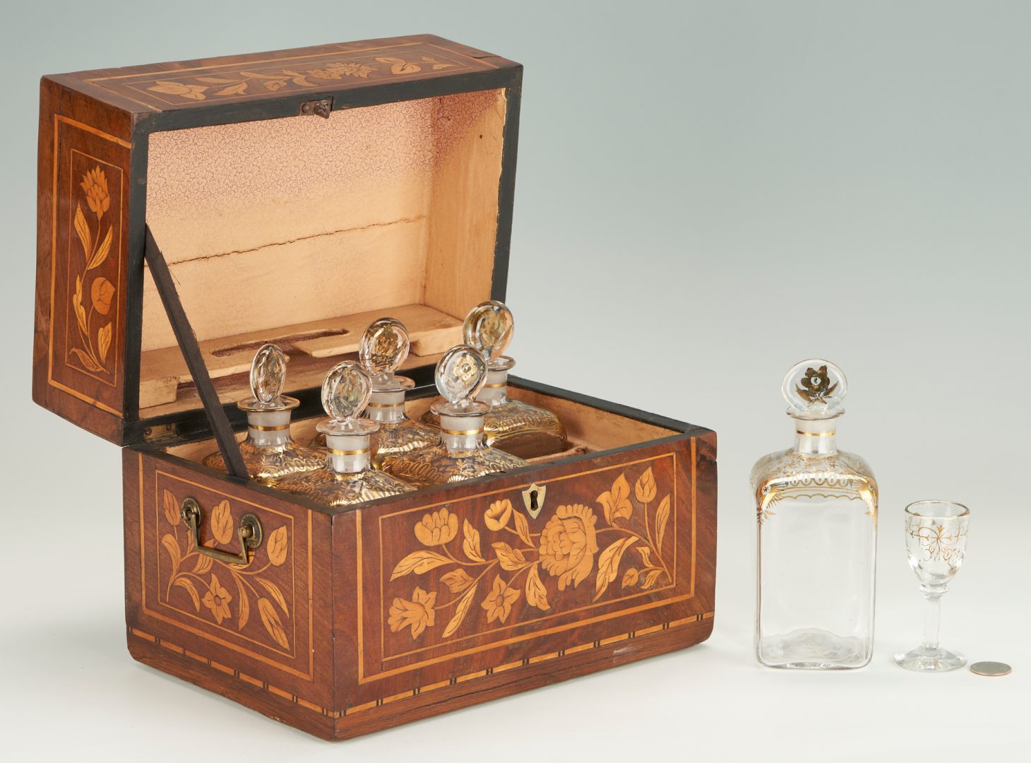 Lot 1013: Dutch Marquetry Tantalus or Portable Liquor Case