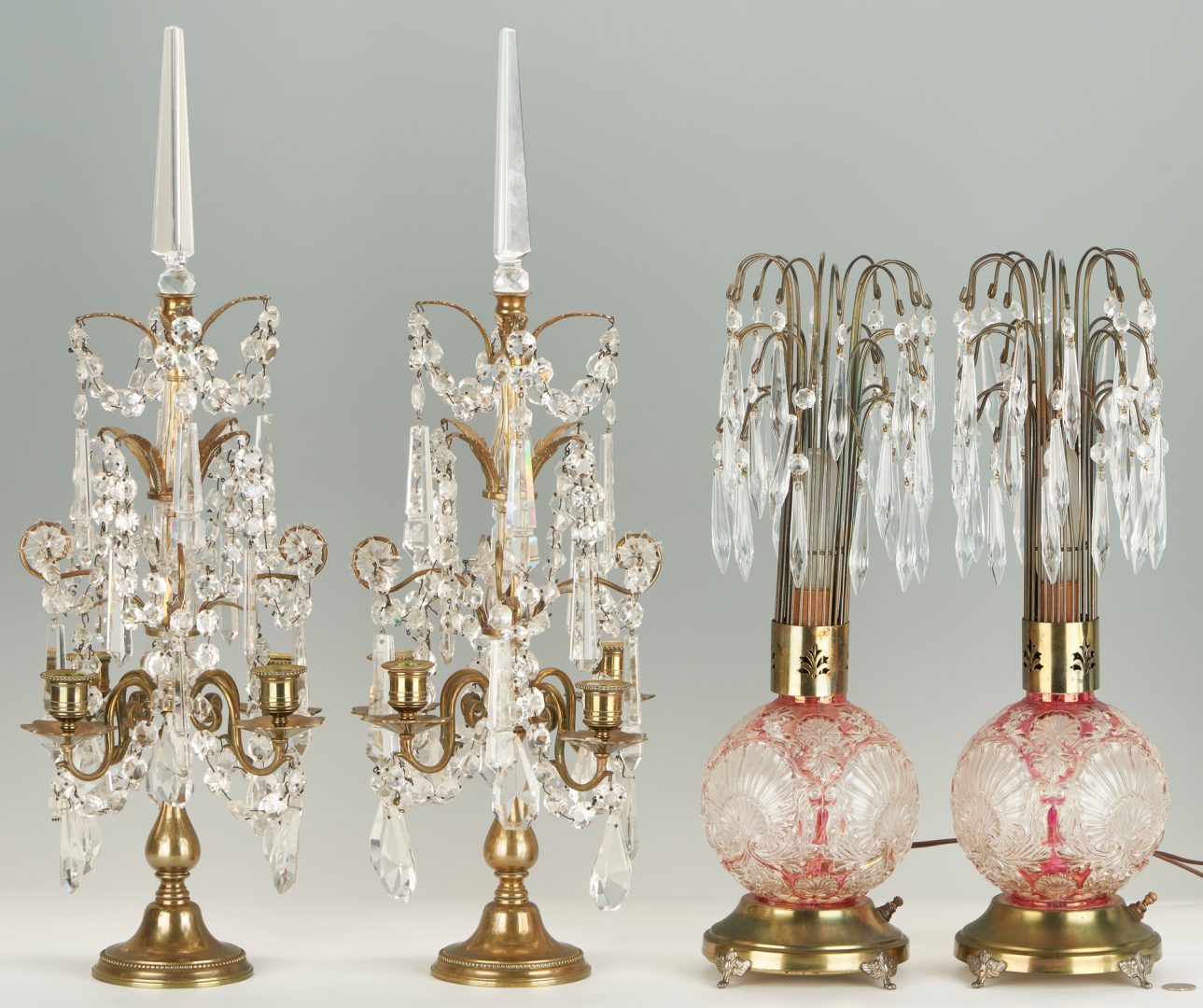 Lot 1015: Hollywood Regency Lamps and Baccarat Style Candelabra, 4 pcs.