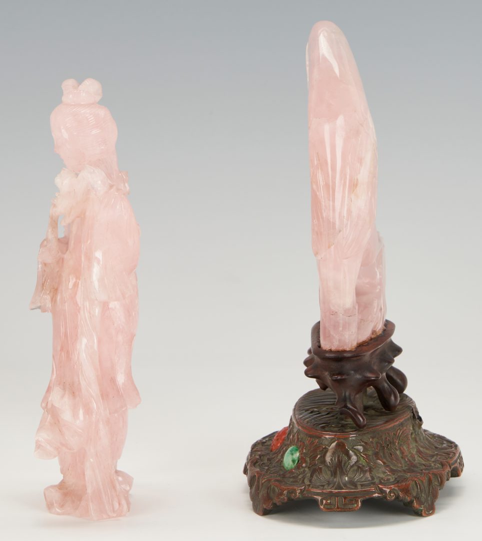 Lot 1048: 2 Chinese Rose Quartz Carvings plus Jeweled Bronze Stand