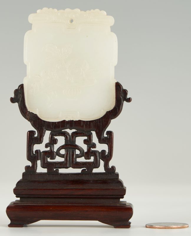Lot 1049: Chinese White Jade Plaque with Hardwood Stand