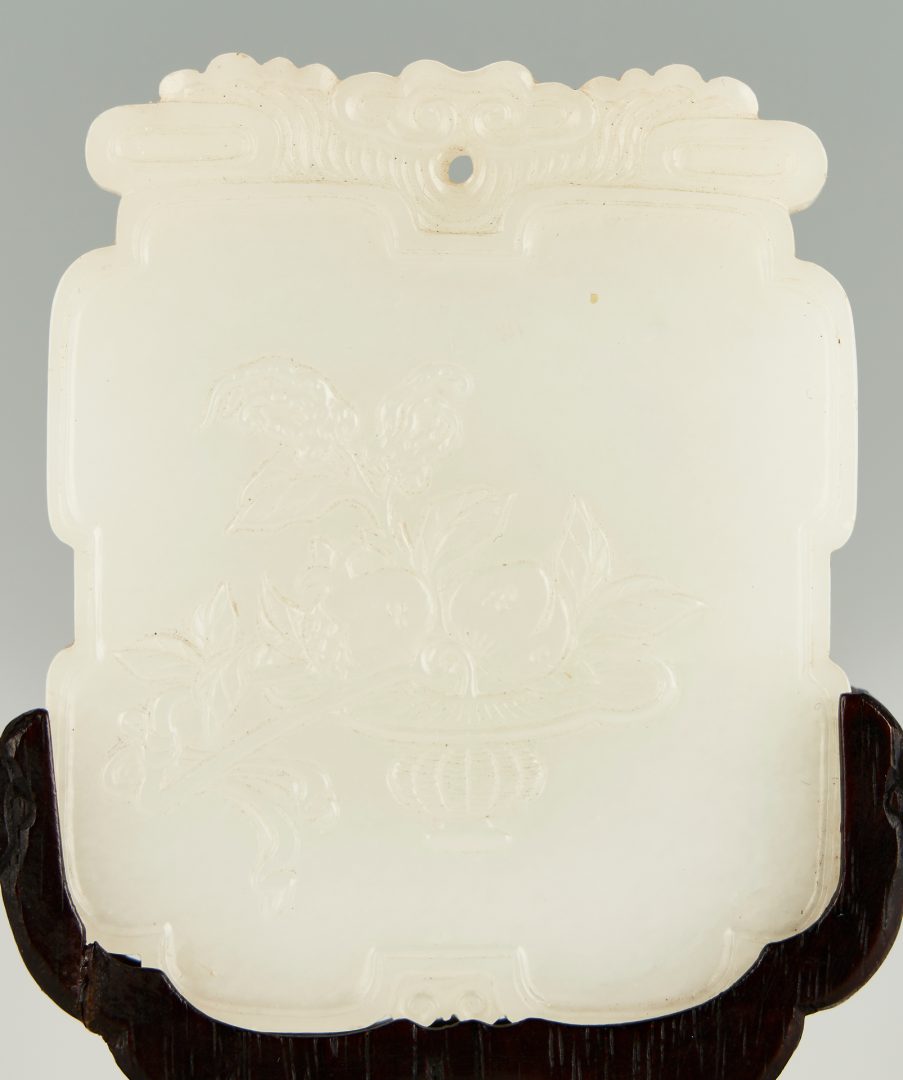 Lot 1049: Chinese White Jade Plaque with Hardwood Stand