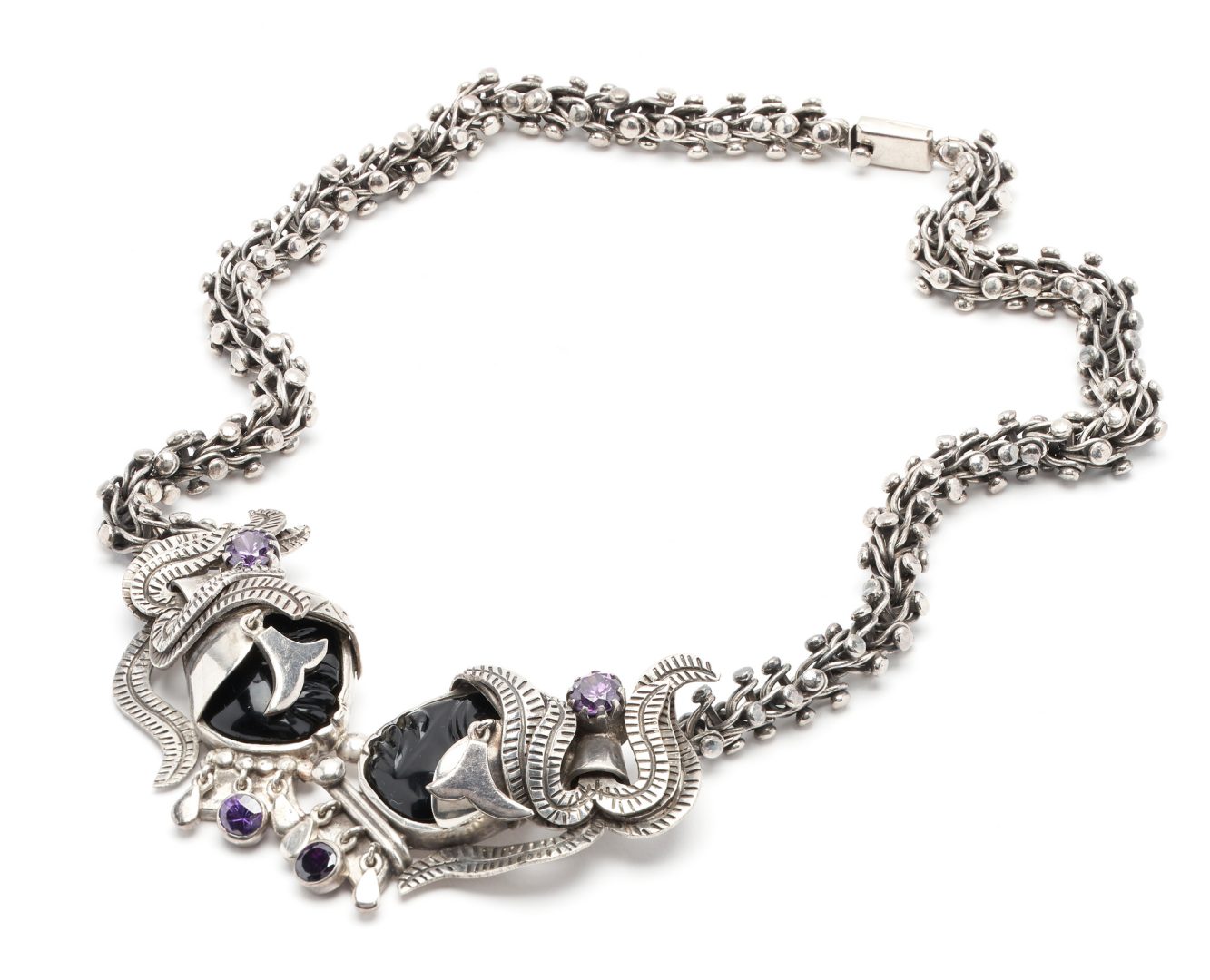 Lot 1213: Mexican Sterling Amethyst & Onyx Inca Style Necklace