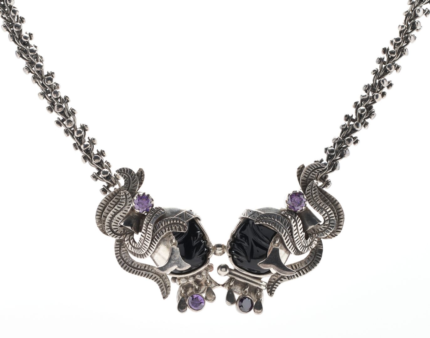 Lot 1213: Mexican Sterling Amethyst & Onyx Inca Style Necklace