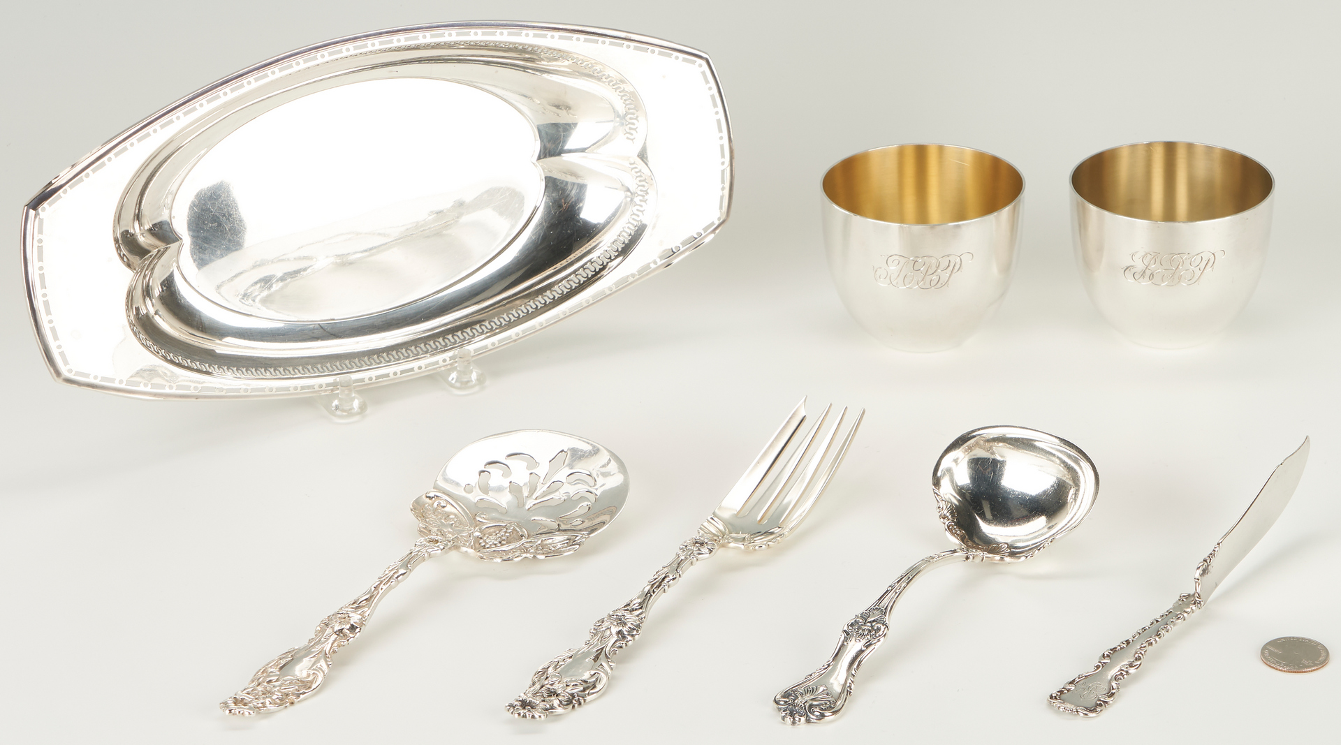 Lot 1230: 7 Pcs. Sterling Silver, incl. Bread Tray, Jefferson Cups, and Flatware