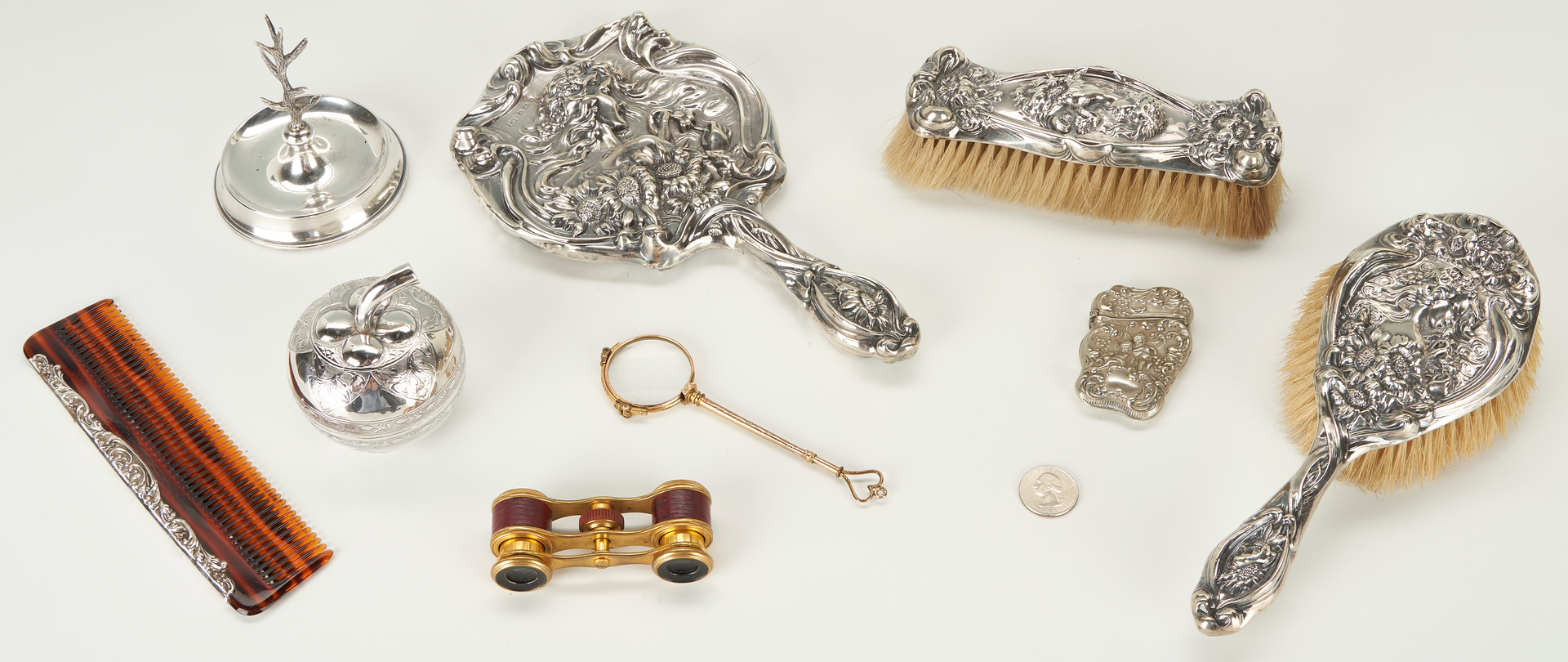 Lot 1238: 9 Ladies Items inc. Art Nouveau Sterling Dresser Set, Gold Plated Lorgnette
