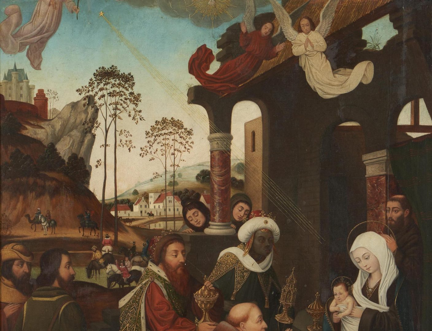 Lot 127: Follower of Quentin Matsys, N. Renaissance Style Triptych Painting of Christ’s Early Life
