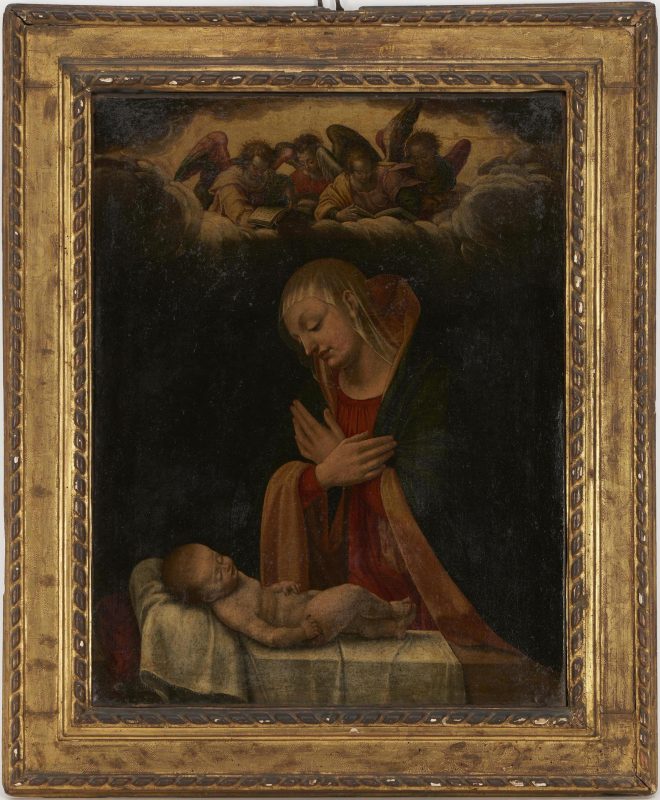 Lot 128: Old Master Ecclesiastical Painting, Madonna and Reclining Child Holding a Pear