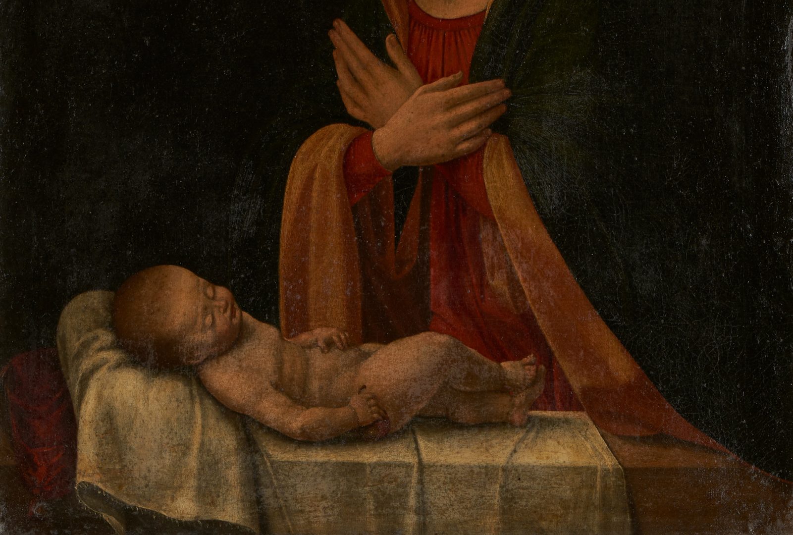 Lot 128: Old Master Ecclesiastical Painting, Madonna and Reclining Child Holding a Pear