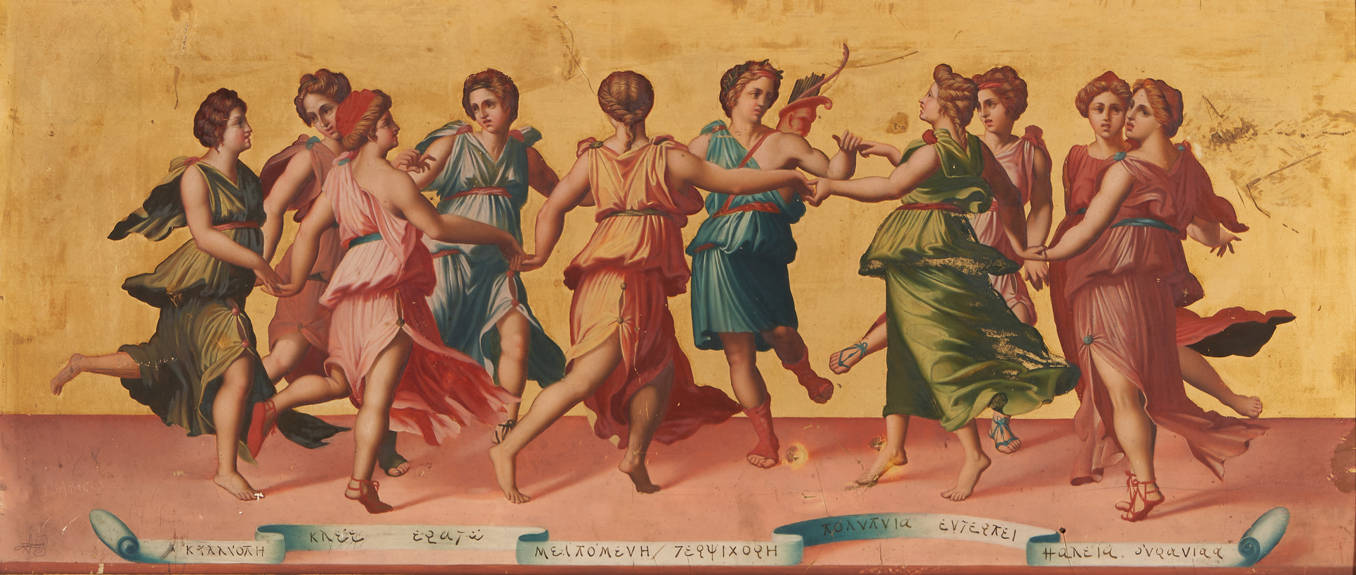 Lot 137: After Baldassare Peruzzi Gilt Panel, "Apollo Dancing with the Nine Muses"