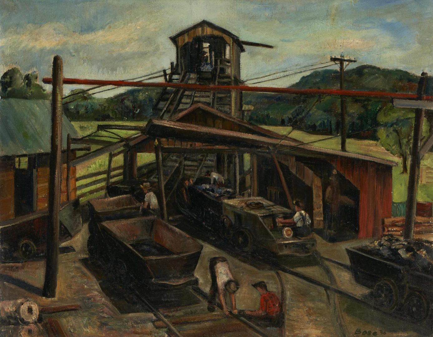 Lot 169: Louis Bosa Large O/C Painting, Workers at a Railroad