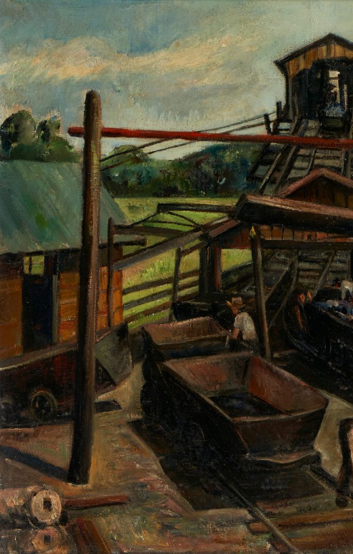 Lot 169: Louis Bosa Large O/C Painting, Workers at a Railroad
