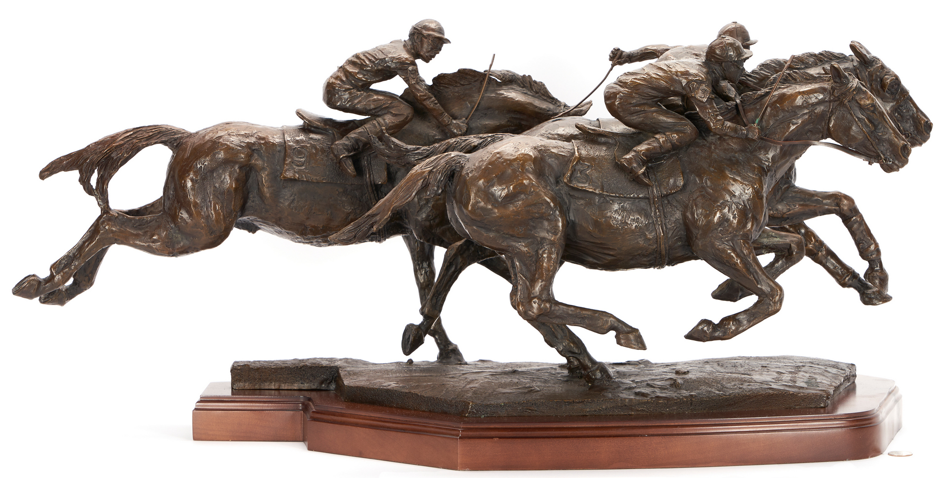 Lot 176: Lorenzo Ghiglieri Bronze Horse Racing Sculpture, Photo Finish