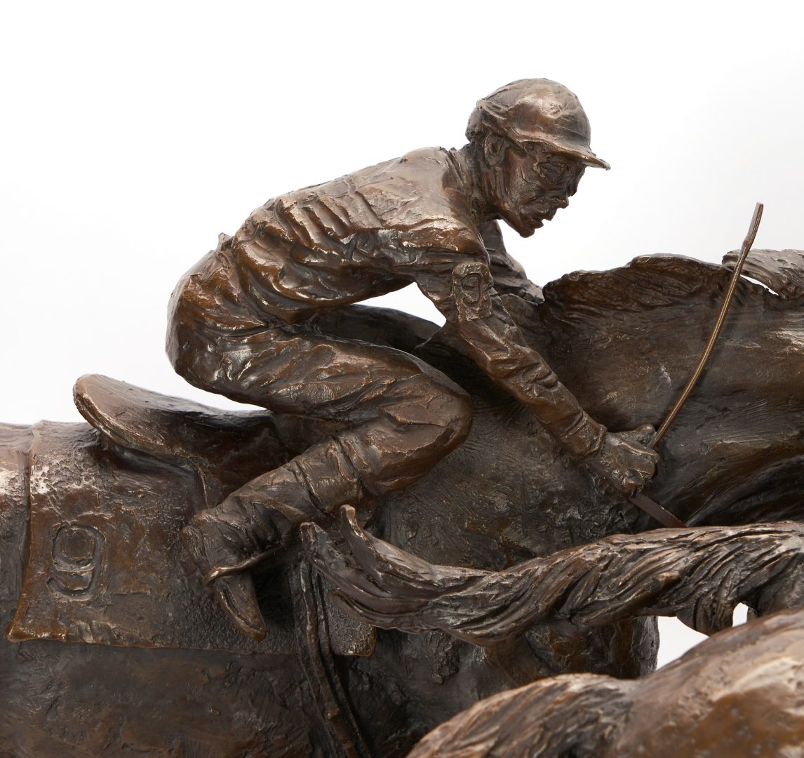 Lot 176: Lorenzo Ghiglieri Bronze Horse Racing Sculpture, Photo Finish
