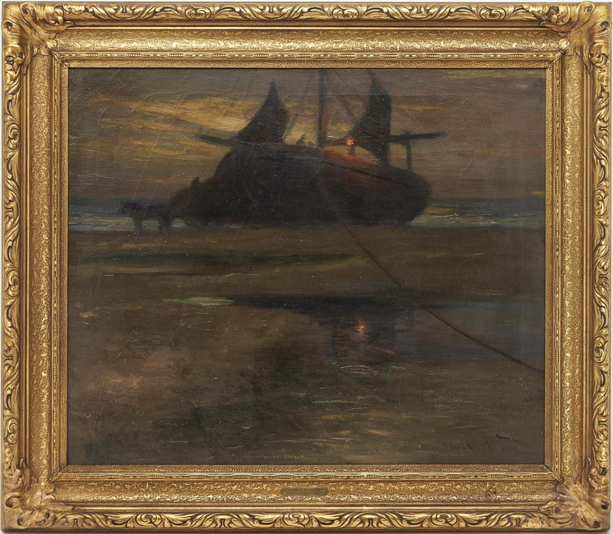 Lot 178: George Ames Aldrich O/C Maritime Painting, Low Tide in Holland
