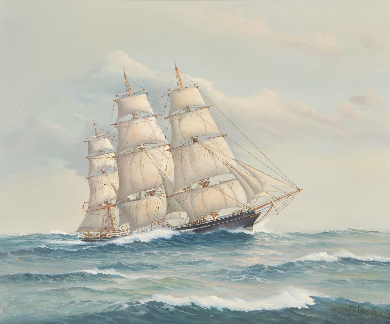 Lot 180: Earl E. Collins O/C Marine Painting, Lightning Clipper at Sea