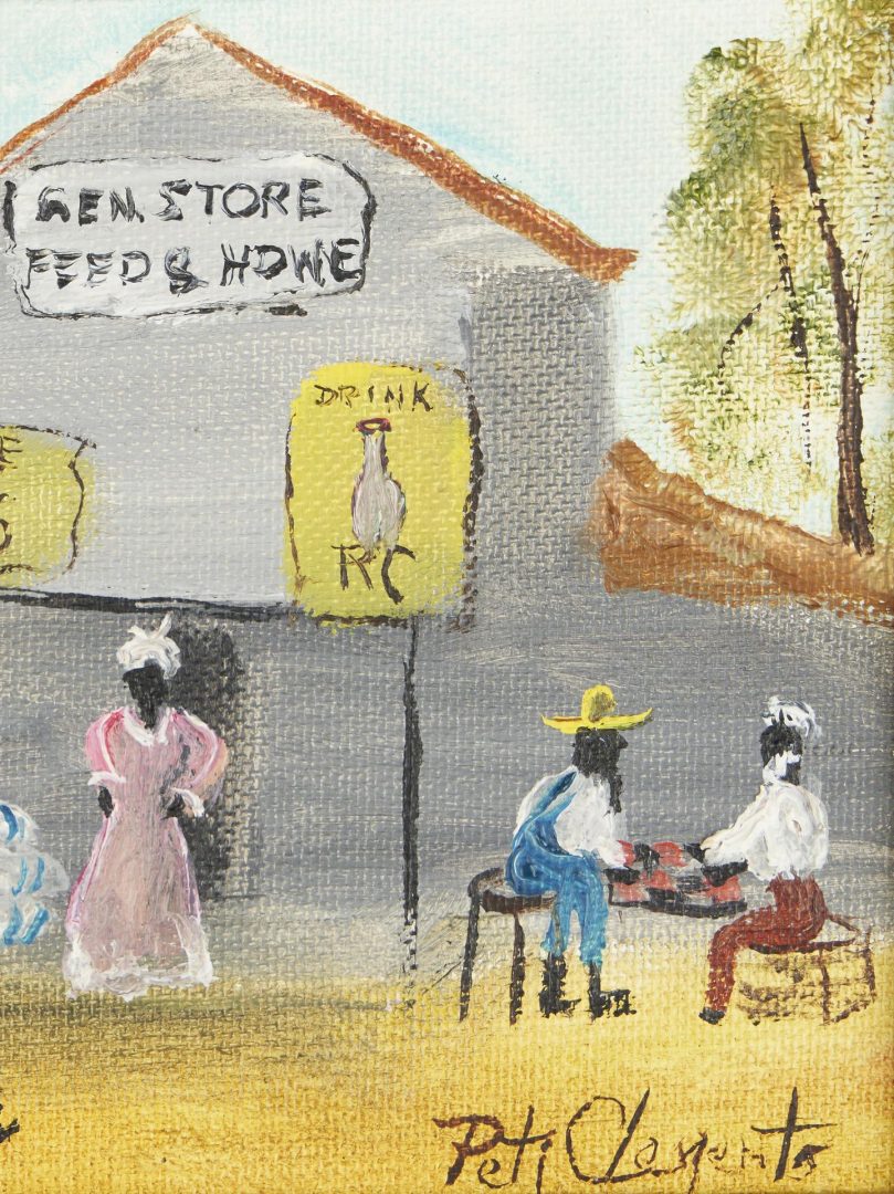 Lot 200: 3 Peti Clements O/C Folk Art Paintings, General Store, Quilt, and Watermelon Eaters