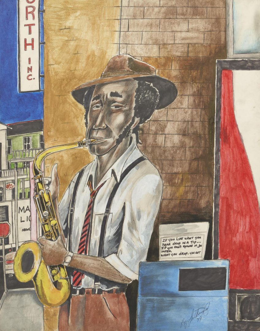 Lot 211: Roy Ferdinand Folk Art Painting, Saxophone Player