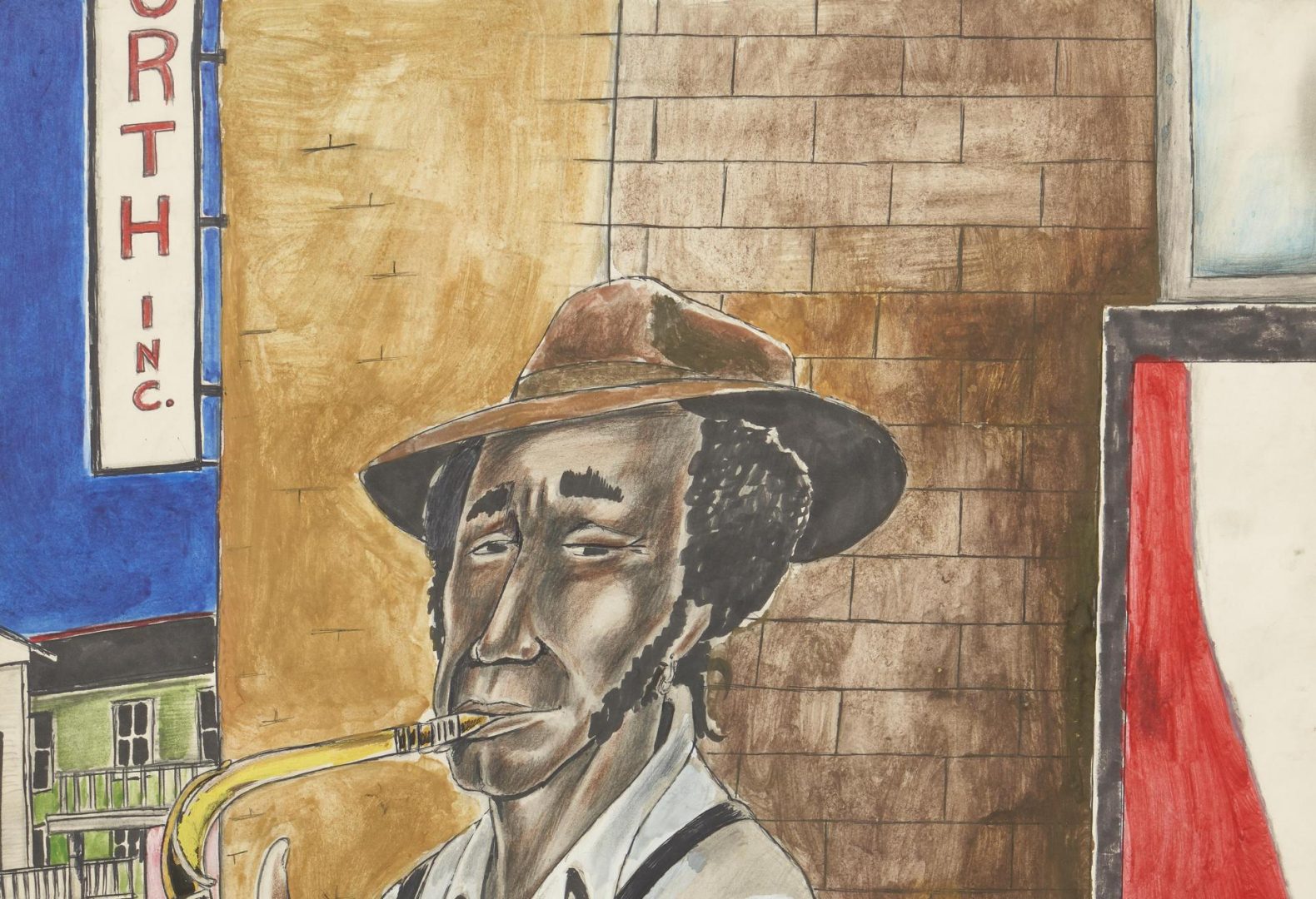 Lot 211: Roy Ferdinand Folk Art Painting, Saxophone Player