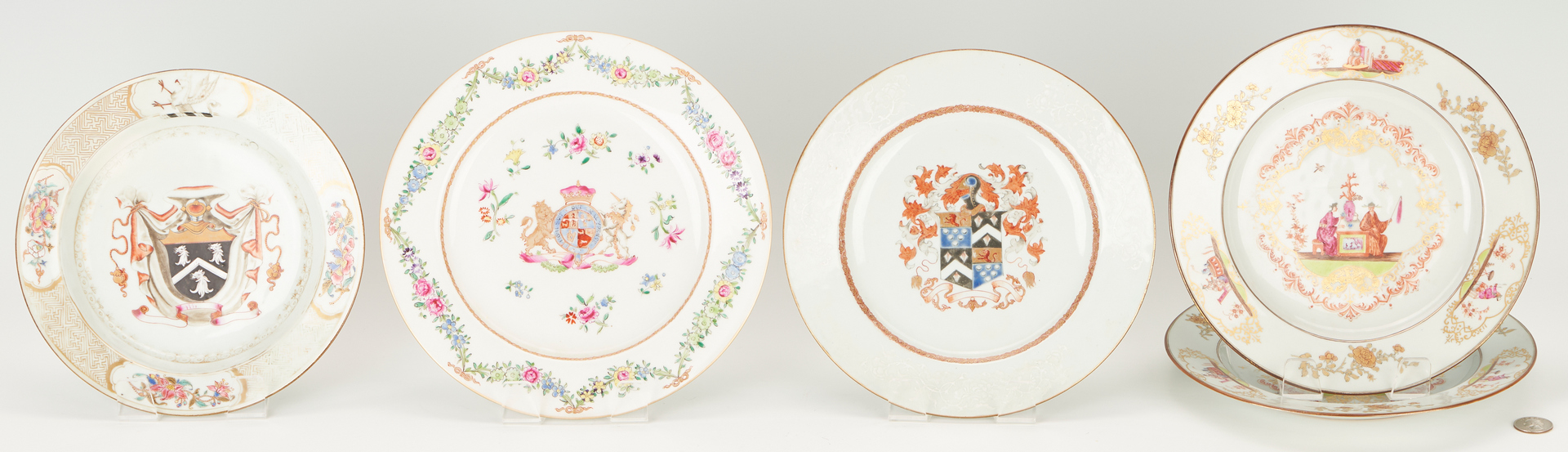 Lot 24: 4 Chinese Export Porcelain Armorial Plates & 1 Shallow Bowl, Total 5