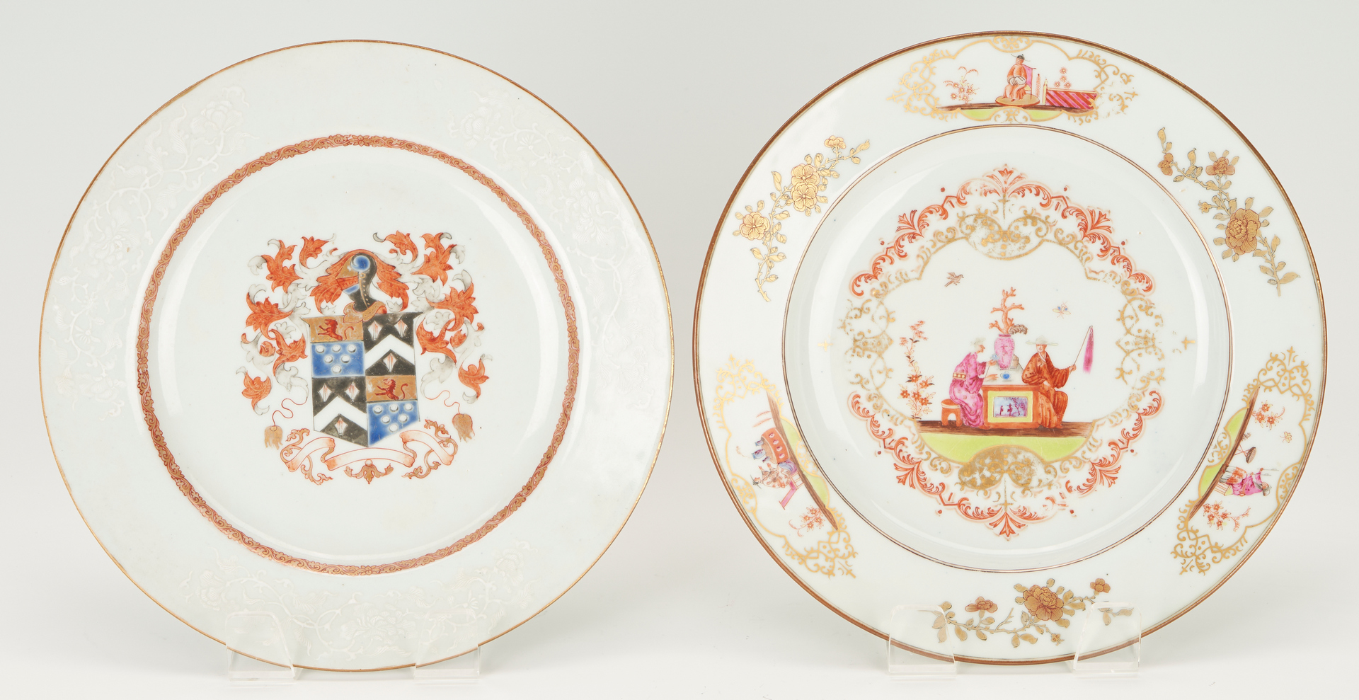 Lot 24: 4 Chinese Export Porcelain Armorial Plates & 1 Shallow Bowl, Total 5