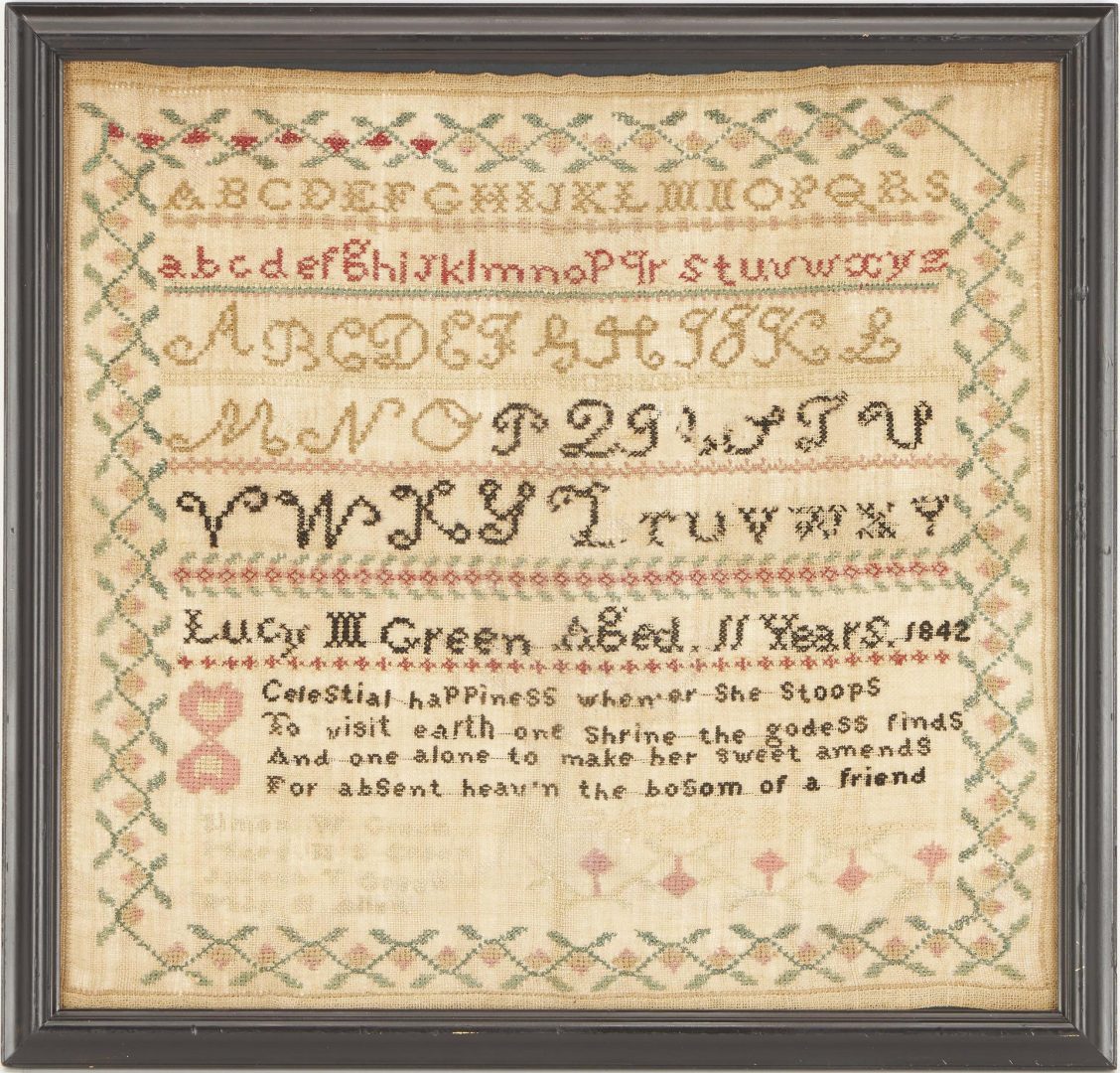 Lot 261: Rare West Tennessee Needlework Sampler, Lucy Macon Green