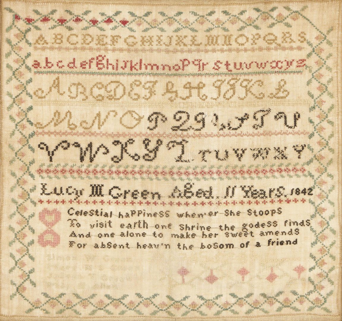 Lot 261: Rare West Tennessee Needlework Sampler, Lucy Macon Green
