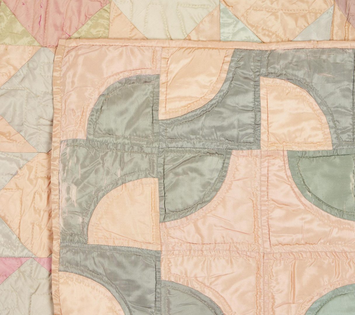 Lot 264: Double Sided Silk & Satin Quilt, Drunkard's Path & Square in a Square Patterns