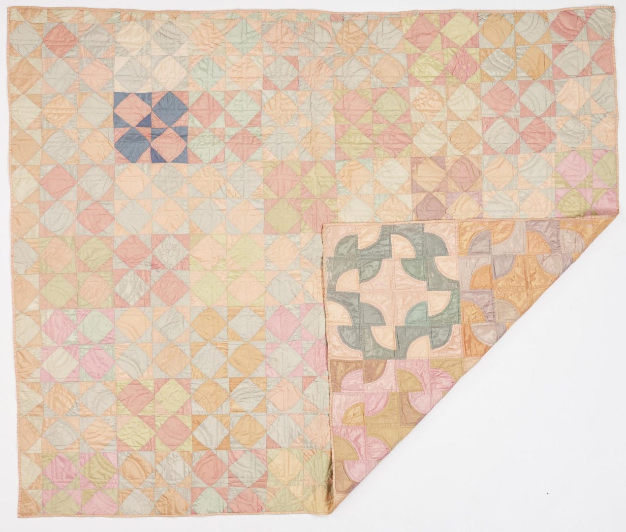 Lot 264: Double Sided Silk & Satin Quilt, Drunkard's Path & Square in a Square Patterns