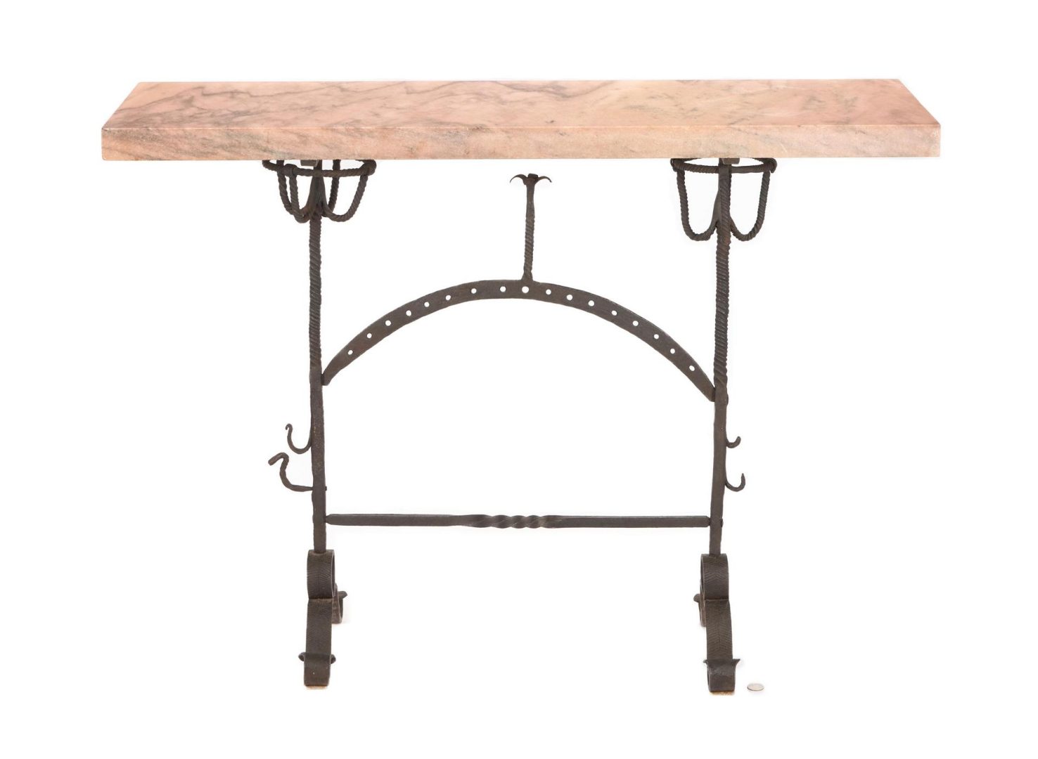 Lot 285: Italian Marble Wrought Iron Console Table with Wrought Iron Mirror, Two (2) Items